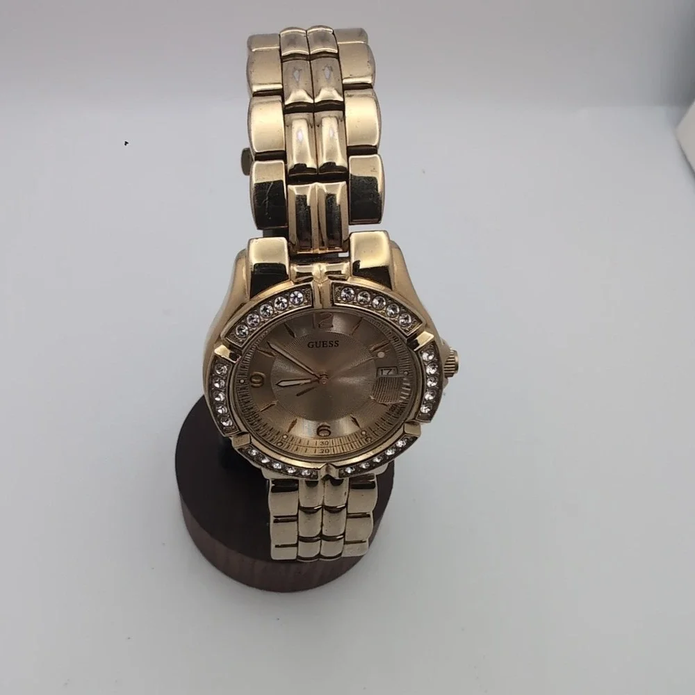 Guess Women's UB5110L1 Waterpro Analog/Date Watch. Gold Tone w Crystal, Works.